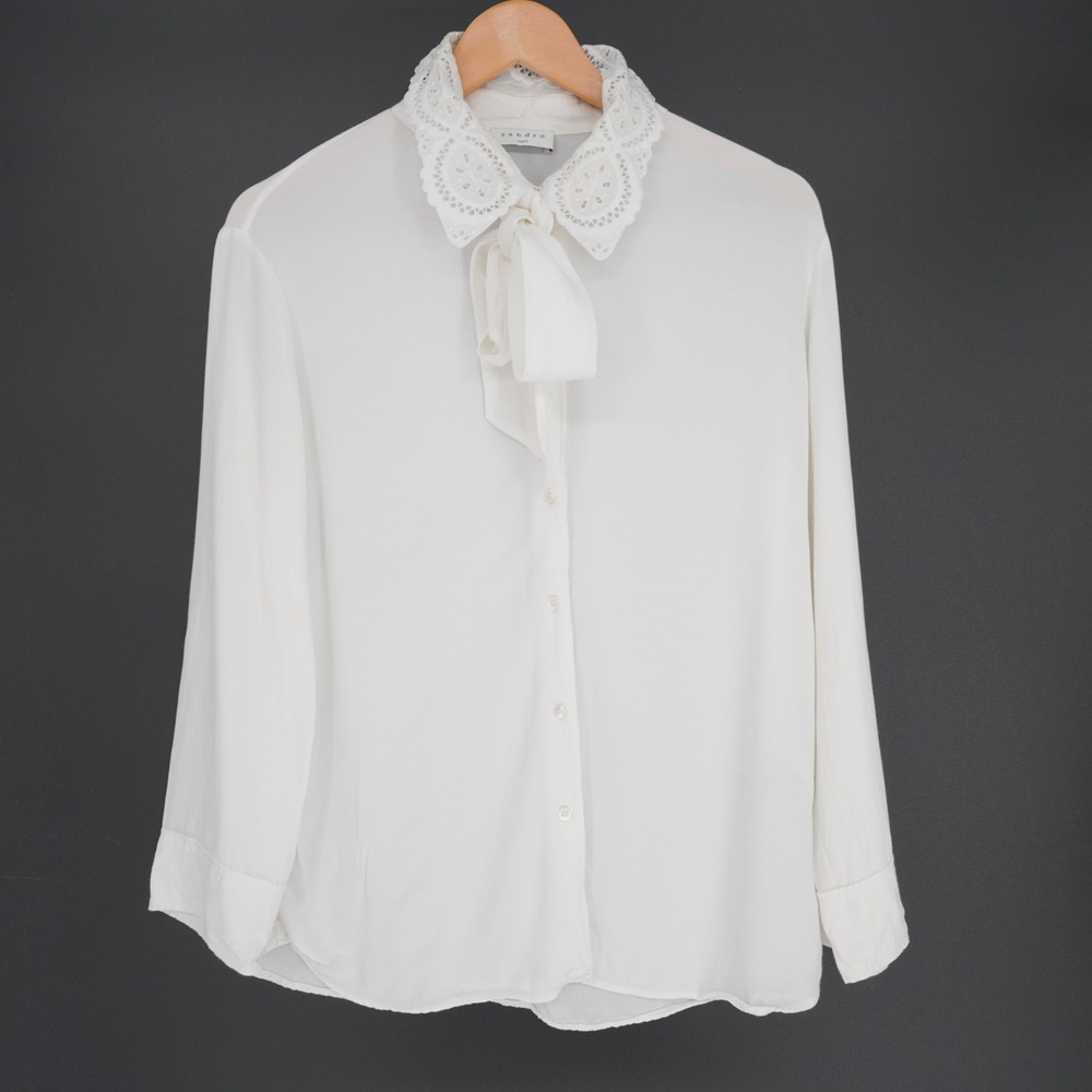 Sandro Lace Collar Bow Tie Button Front Blouse M White Dainty Regency Victorian